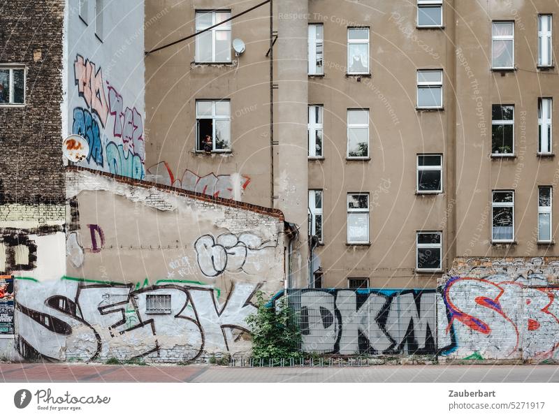 Hellbraune Fassade eines Mehrfamilienhauses mit Graffiti, Hinterhof in Berlin hellbraun grau Wohnhaus Wohnungssuche Wohnungsnot graphisch urban Fenster Bewohner