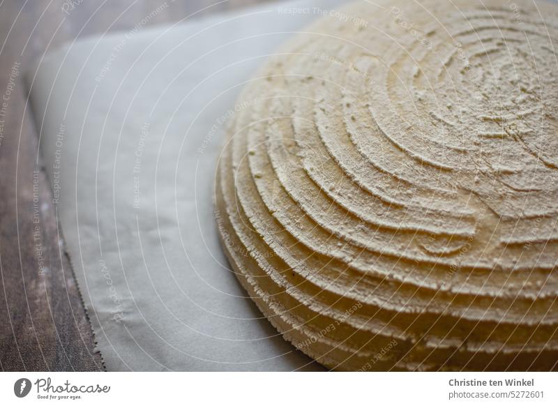 Ein runder Brotlaib liegt auf Backpapier und kommt gleich in den Ofen Brotteig Sauerteig Hefeteig Brot backen Häusliches Leben selbstgemacht Lebensmittel Form