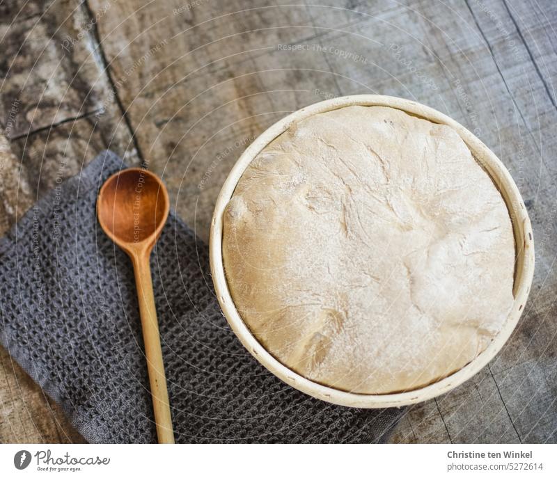 Der Brotteig ist im Gärkörbchen schön aufgegangen Hefeteig Sauerteig Brot backen Lebensmittel selbstgemacht Häusliches Leben Form Oberfläche Essen zubereiten