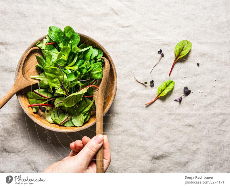 Hand mit Besteck und einer Schüssel grünen Salat. Draufsicht. frisch Holz Gemüse Lebensmittel Ernährung Vegetarische Ernährung Bioprodukte Farbfoto Salatbeilage