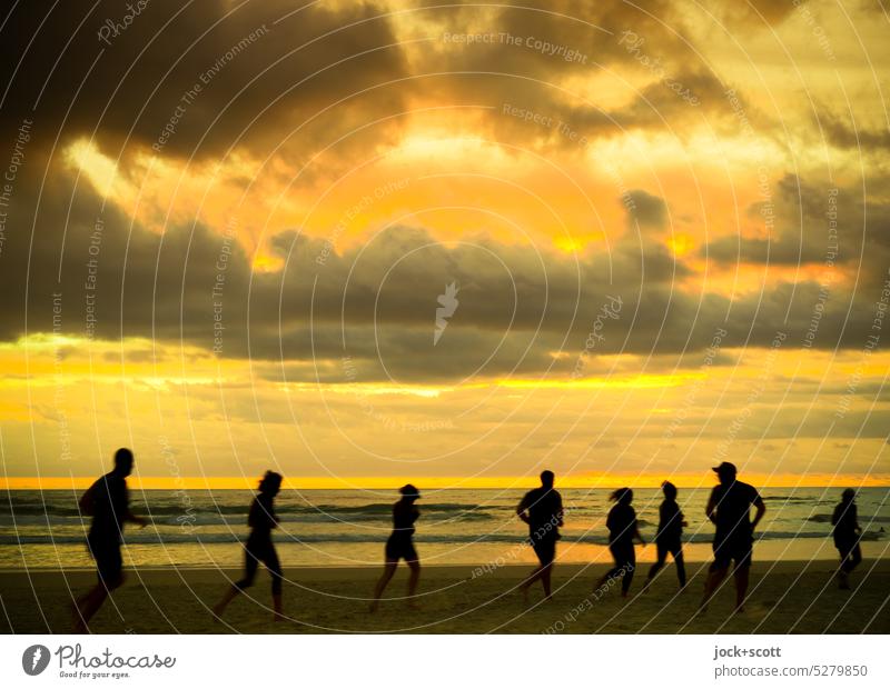 Laufen am frühen Morgen Joggen Läufer Fitness Sonnenlicht Sonnenaufgang Silhouette Gegenlicht Natur Südpazifik Lifestyle Wärme New South Wales Australien Meer