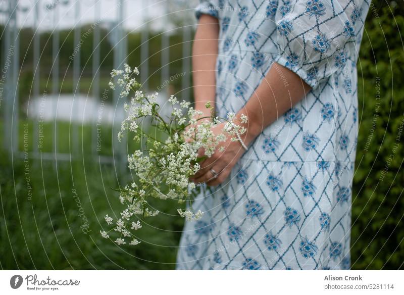 Nahaufnahme von Frauenhänden, die einen Strauß Kuhpetersilie halten, während sie draußen vor einem Tor stehen Wiesenkerbel Wildblumen Blumenstrauß