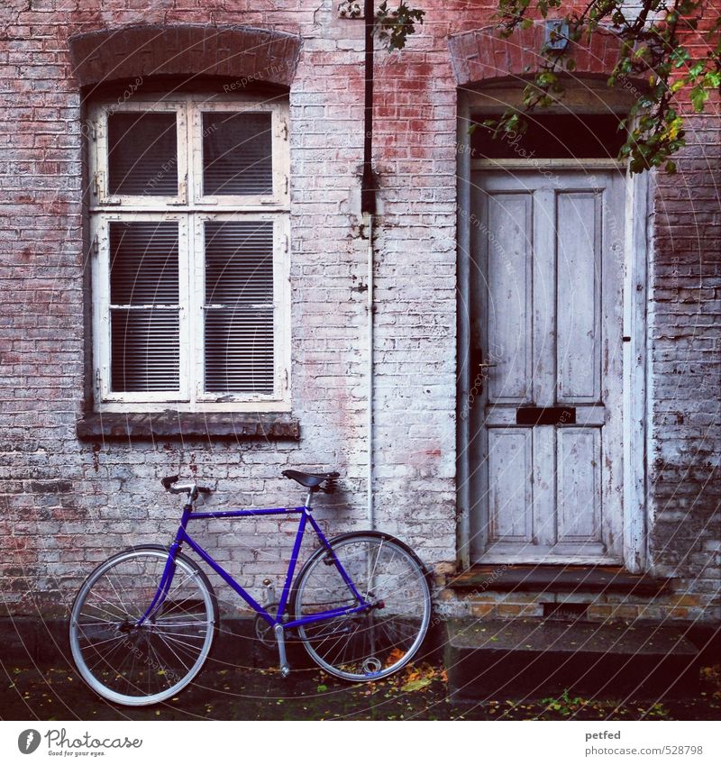Häusliche Ansichten I Wohnung Haus Fahrrad Altstadt Mauer Wand Fenster Tür Fassade alt hässlich einzigartig kaputt niedlich retro trashig blau braun schwarz