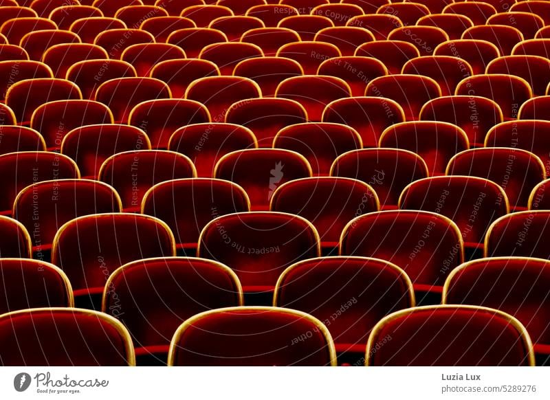 Zuschauerraum mit leuchtend roten Sesseln Zuschauerränge Theater Sitz leer Sitzgelegenheit Stuhl Menschenleer frei Platz Bestuhlung Stuhlreihe Reihe Sitzreihe