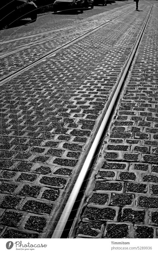 Wanderer zwischen den Gleisen Schienen Schienenverkehr Fußgänger Auto parken Verkehr Schienennetz Verkehrsmittel Metall glänzend Schatten dunkel Schwarzweißfoto