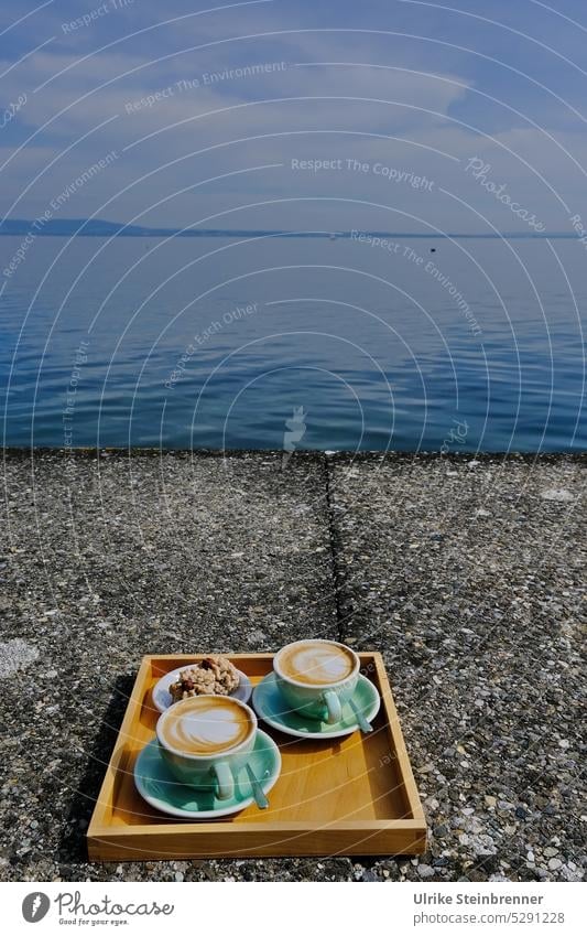 Let's have a break! Frühstückskaffee am Bodensee Kaffee Kaffeetassen Kaffeepause Tassen Ufer Ufermauer Pause Unterbrechung Cookies Kekse Tablett Serviertablett