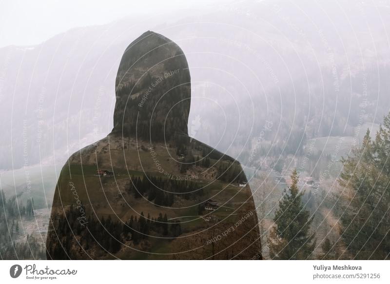 Double exposure .Mountain landscape and silhouette of a man. Human and nature male mountains background male silhouette inspiration solitude view relaxation