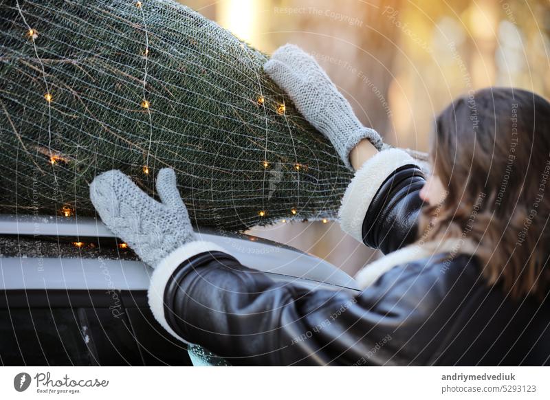 Frau packt Weihnachtsbaum mit Netz und Girlanden auf dem Autodach und macht sich für die Feiertage bereit. Idee von Weihnachten Stimmung und Feier. Frau trägt Wintermantel und gestrickte Fäustlinge.