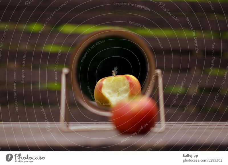 faktencheck Apfel Spiegel Spiegelbild angebissen abgebissen Ernährung Reflexion & Spiegelung Garten Check-up prüfen Fakten Unschärfe symbolisch Gesundheit