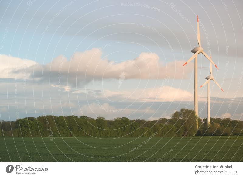 Zwei Windkraftanlagen im Licht der Abendsonne Energiekrise Technik & Technologie regenerativ Windenergie Energiewirtschaft Erneuerbare Energie Windräder Strom