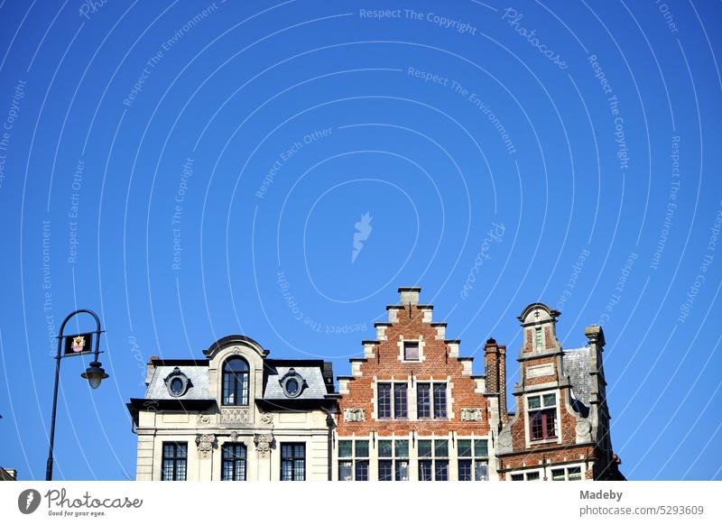 Schöne restaurierte alte Häuser mit schmuckvollem Giebel und Treppengiebel vor blauem Himmel im Sonnenschein an der Korenlei und Gralsburg an der Leie in Gent in Ostflandern in Belgien