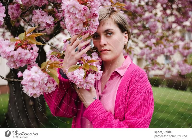 Under the cherry blossom (3) Frau Junge Frau Kirschbaum Kirschblüten halten berühren Tattoo Hände Garten verträumt Blick rosa Strickjacke