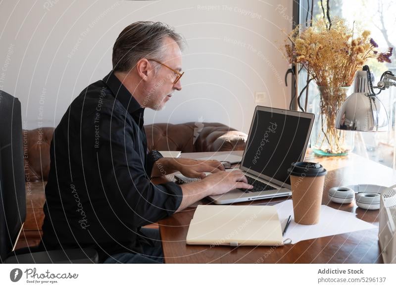 Mann arbeitet am Netbook am Arbeitsplatz freiberuflich benutzend Laptop heimwärts Projekt Wohnzimmer Innenbereich Komfort Sonnenlicht abgelegen online Business