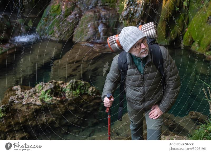 Reisende bewundern malerische Aussicht Mann Wald Wanderer Trekking Trekkingstöcke Reisender Wasserfall Fluss Natur erkunden Ufer männlich Senior Rucksack