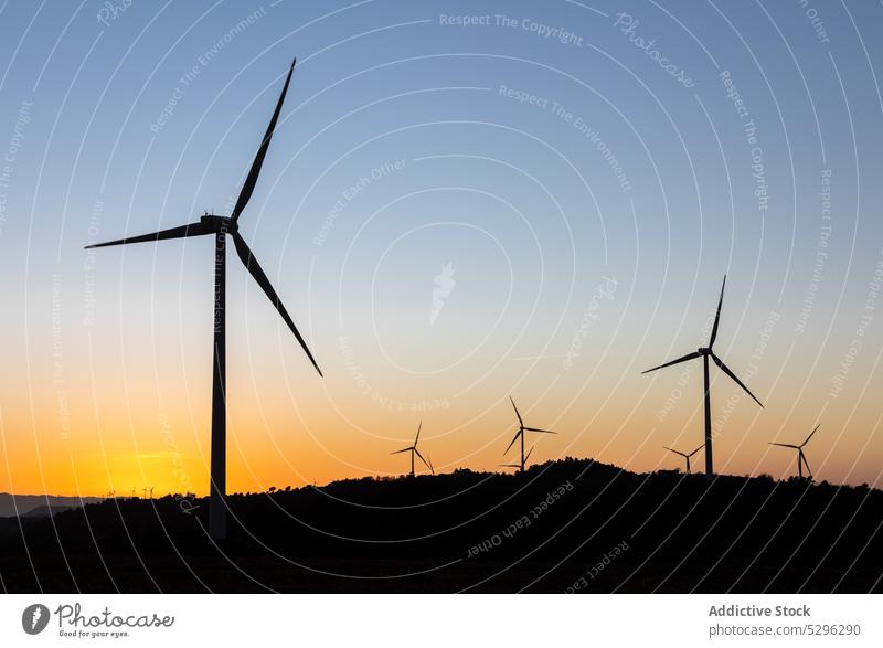 Windräder auf einem Feld bei Sonnenuntergang Silhouette Turbine Natur Landschaft alternativ Energie Wolkenloser Himmel Turm nachhaltig wirkungsvoll Erzeuger