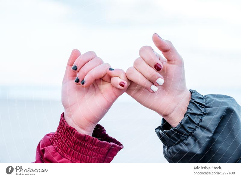 Crop Freundinnen machen pinkie Versprechen Zeichen Paar Hand lesbisch rosig Finger Freundschaft Liebe für immer Händchenhalten Vertrauen Pflege Solidarität