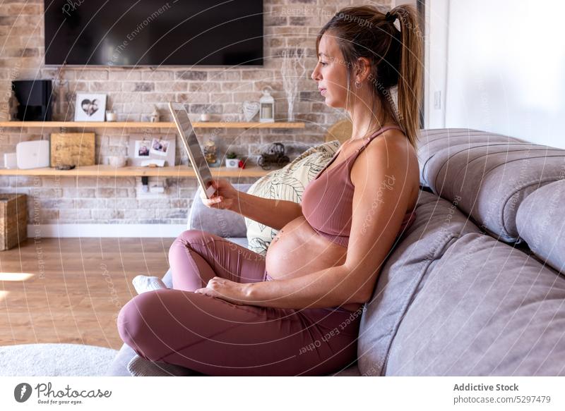 Konzentrierte schwangere Frau mit Tablette auf dem Sofa benutzend Browsen Schwangerschaft heimwärts ruhen Komfort Liege Apparatur Gerät Internet online