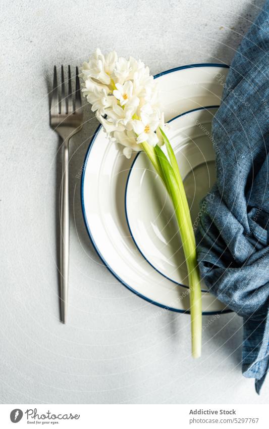 Frühlingshaft gedeckter Tisch mit Hyazinthen Besteck Abendessen Essgeschirr festlich Beton Flora geblümt Blume Ostern Lebensmittel Gabel Schönheit Feiertag