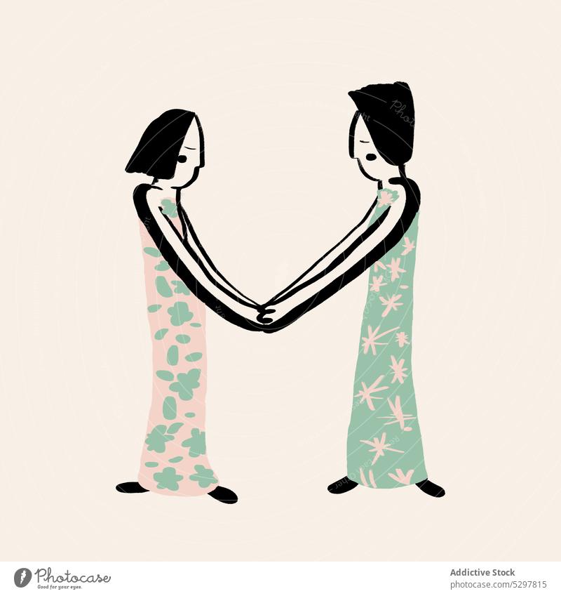 Vektor-Illustration von Frauen, die Hände halten Grafik u. Illustration Geschwisterkind Zwilling gegenüber verbinden Hand Bonden Karikatur Kunst Kleid bob