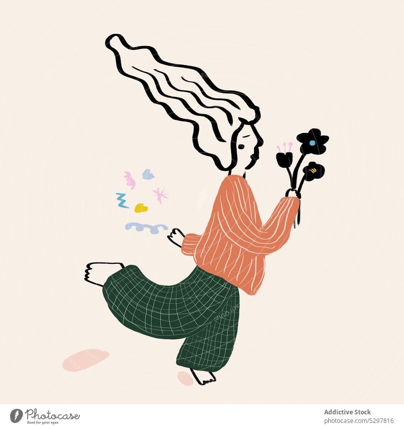 Vektor-Illustration einer glücklichen Frau mit Blumen Grafik u. Illustration Blumenstrauß laufen Bein angehoben Glück Karikatur verliebt positiv heiter