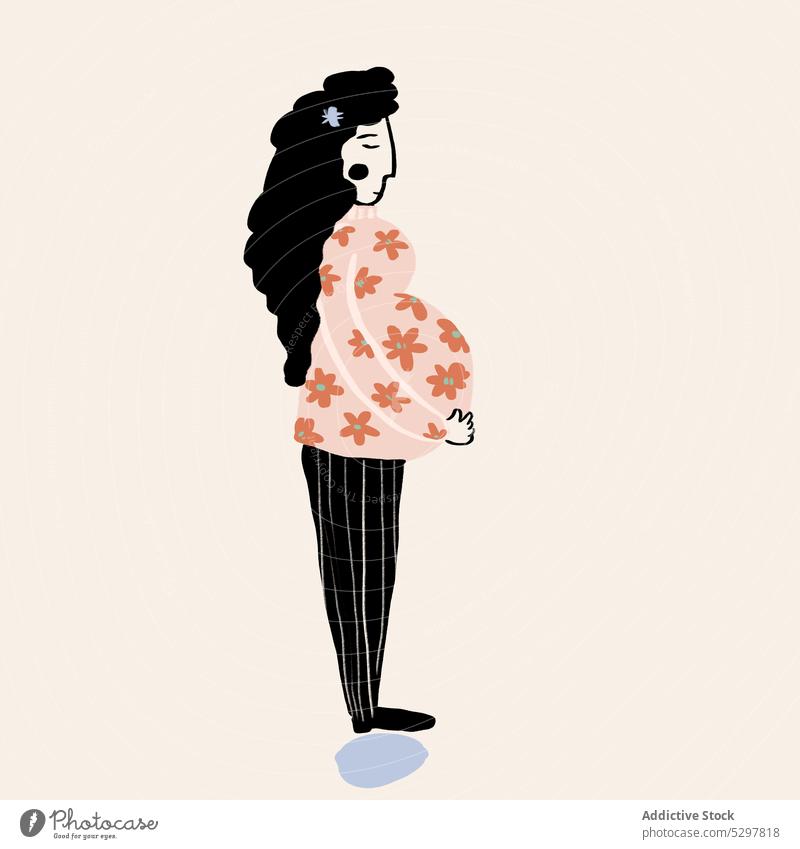 Vektor-Illustration der schwangeren Frau berühren Bauch Grafik u. Illustration Bauch anfassen erwarten Baby führen mütterlich pränatal Windstille friedlich
