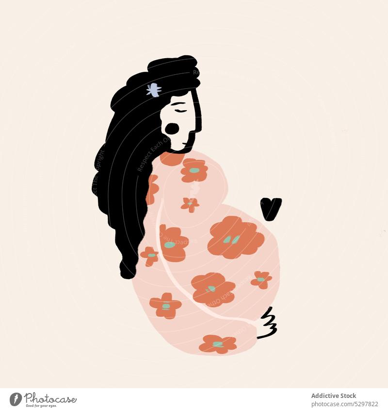 Vektor-Illustration der schwangeren Frau berühren Bauch Grafik u. Illustration Bauch anfassen erwarten Baby führen mütterlich pränatal Windstille friedlich