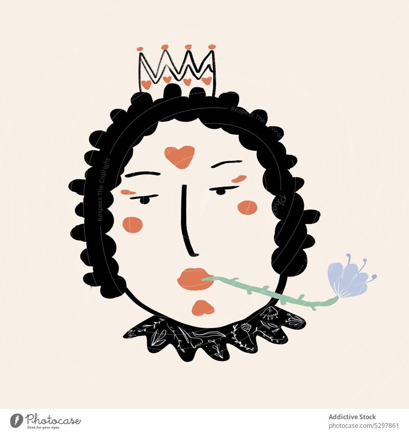 Vektor-Illustration der Herzkönigin mit Krone Königin Hochmut Porträt Blume Symbol Grafik u. Illustration Blüte Blütezeit kreativ Held Charakter rosa geblümt