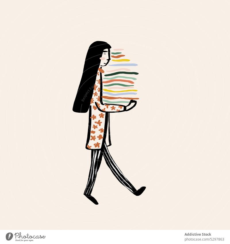 Bild einer Frau mit einem Stapel von Büchern Buch Lehrbuch farbenfroh Grafik u. Illustration führen Literatur Kunst graphisch lesen Bildung lebhaft Pyjama
