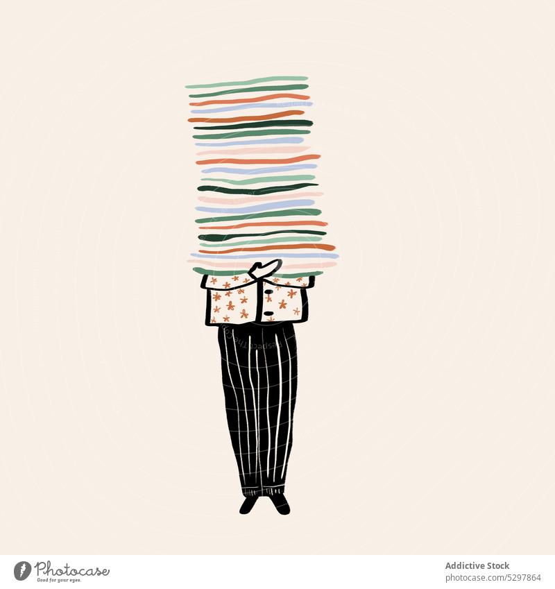 Bild einer anonymen Person mit einem Stapel von Büchern Buch Lehrbuch farbenfroh Grafik u. Illustration führen Literatur Kunst graphisch lesen Bildung lebhaft