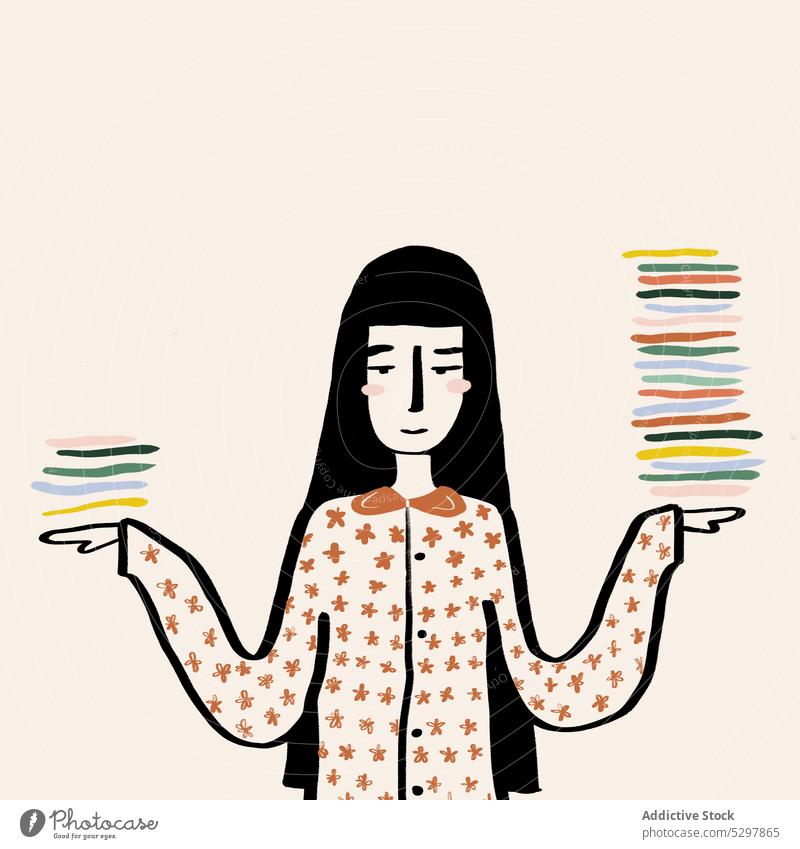 Vektorbild einer Frau mit Büchern Buch Literatur Stapel lesen Leseratte Pyjama Halt Grafik u. Illustration farbenfroh Arme hochgezogen Schüler Karikatur