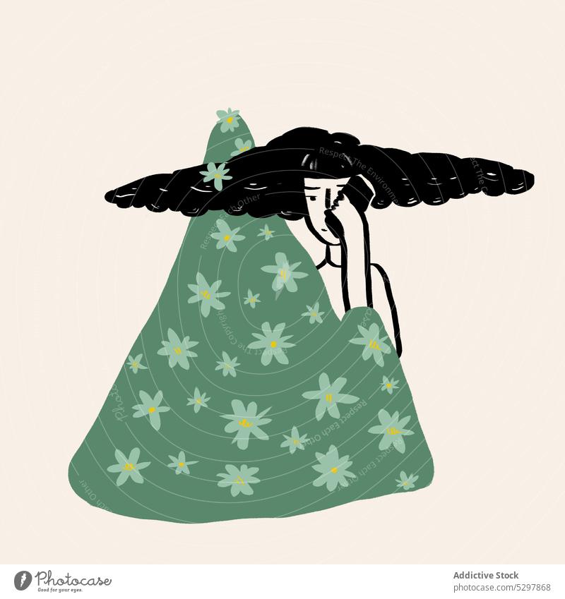 Vektor-Illustration einer Frau im grünen Kleid, die mit einem Mobiltelefon spricht Smartphone surreal Blume Wiese Blütezeit Grafik u. Illustration Telefonanruf