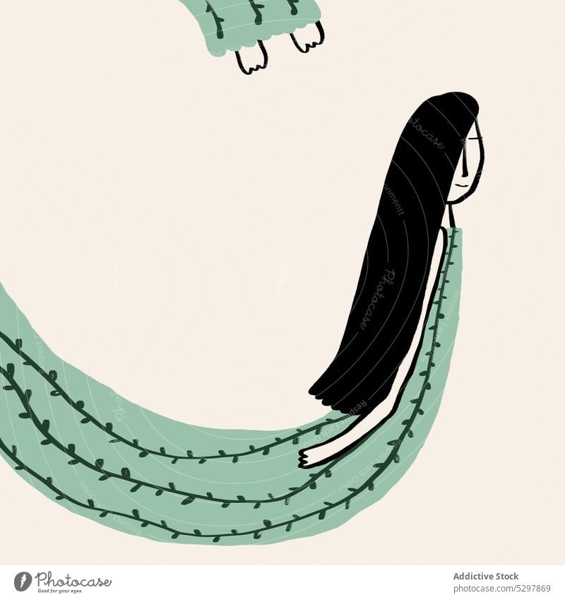 Vektor-Illustration der Schlange Frau im Kleid Unendlichkeit Zeichen Symbol zappeln Grafik u. Illustration surreal Charakter lange Haare Liane grün Element Bild