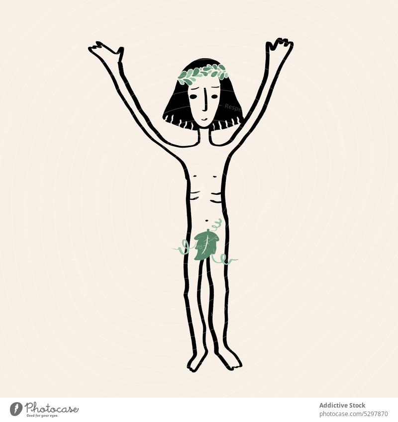 Vektor-Illustration von Adam Karikatur Mann adam Arme hochgezogen nackt Totenkranz Symbol Grafik u. Illustration Kunst kreativ kreuzigen grün Bild graphisch