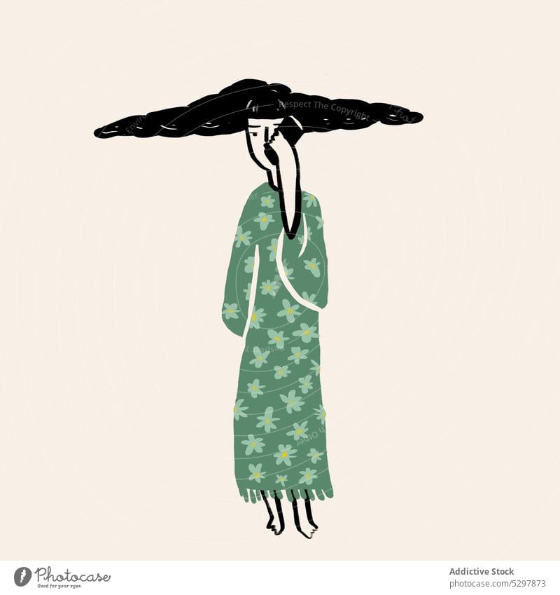 Vektor-Illustration einer Frau im grünen Kleid, die mit einem Mobiltelefon spricht Smartphone surreal Blume Wiese Blütezeit Grafik u. Illustration Telefonanruf