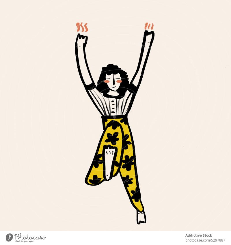 Vektorbild einer Tänzerin Frau Glück heiter Tanzen sich[Akk] bewegen Bein angehoben Arme hochgezogen Grafik u. Illustration Stil farbenfroh lebhaft gelb Element