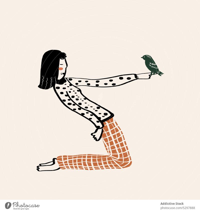Vektorbild einer Frau mit Vogel auf der Hand Halt Grafik u. Illustration ausdehnen Bild Outfit farbenfroh Vorschein Windstille Pullover rot Charakter Karikatur