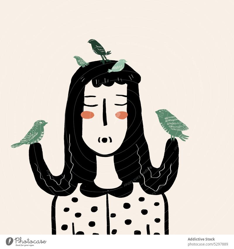 Vektor-Illustration einer Frau mit Vögeln auf dem Kopf Windstille Augen geschlossen Vogel Pfeifen Punktmuster niedlich Grafik u. Illustration Karikatur