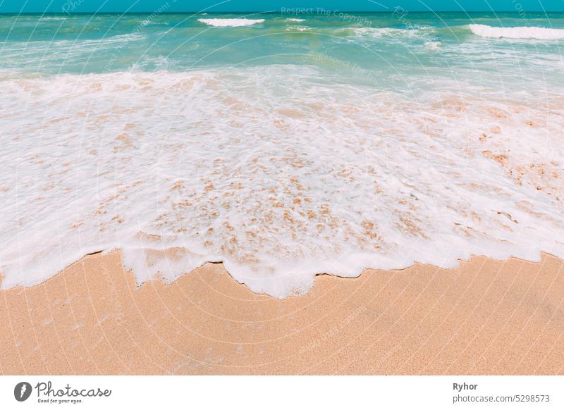 Ozean Wasser Schaum spritzt Waschen Sandstrand. Amazing Landschaft Landschaft. Crashing Wellen der sandigen Küste. Meer Ozean Wasseroberfläche mit kleinen Wellen. Schöne Hintergrund mit Kopie Raum. Natur Hintergrund