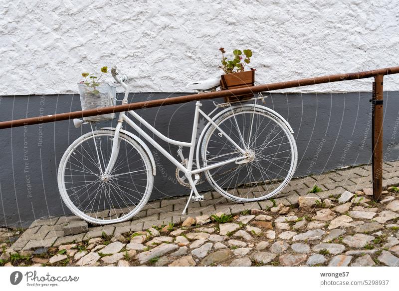 Geisterrad in Langenstein Fahrrad Blumenkasten bepflanzt begrünt Parkplatz Straßenkunst ruhender Verkehr ausgedient Gefälle Kopfsteinpflaster Verkehrswege