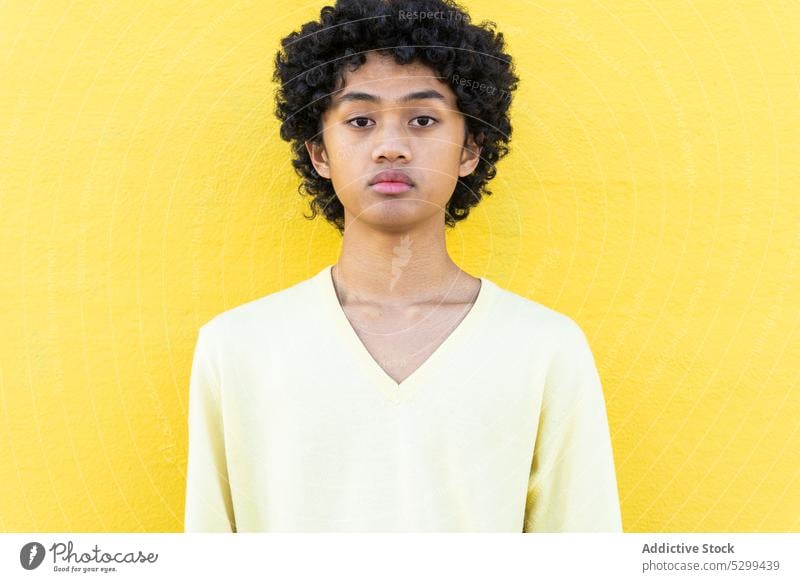 Ernster junger asiatischer Mann, der im Sonnenlicht in die Kamera schaut selbstbewusst cool Schatten Porträt gelb Vorschein Afro-Look Wand Stil ethnisch Frisur