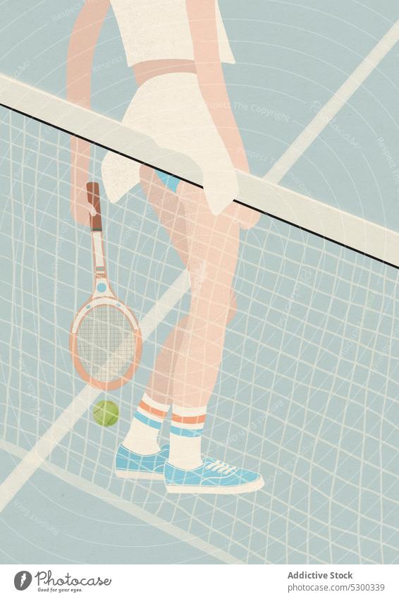 Bild einer Tennisspielerin, die in der Nähe des Netzes auf einem Sportplatz steht Frau Spieler Gericht Remmidemmi Rock Grafik u. Illustration kreativ Vektor