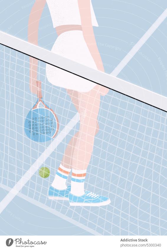 Bild einer Tennisspielerin, die in der Nähe des Netzes auf einem Sportplatz steht Frau Spieler Gericht Remmidemmi Rock Grafik u. Illustration kreativ Vektor