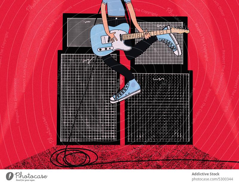 Bild eines männlichen Gitarristen, der bei einem Rockkonzert auf die Bühne springt Mann Gitarre elektrisch Musiker springen spielen Felsen Instrument