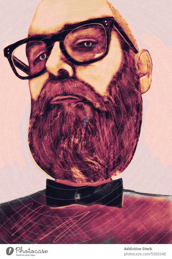 Vektor-Illustration eines unrasierten Mannes mit Brille selbstbewusst Kunst Grafik u. Illustration ernst Design Porträt Vollbart Element cool selbstsicher