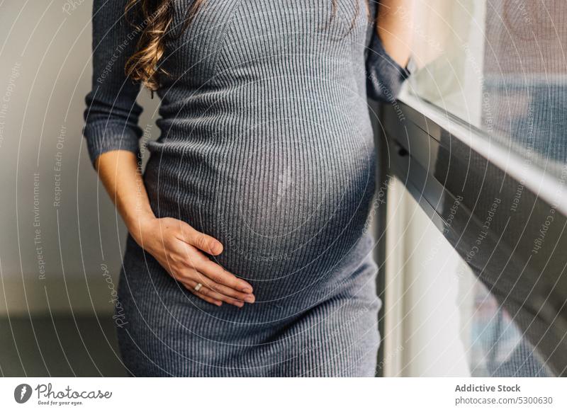 Anonyme schwangere Frau steht am Fenster und streichelt ihren Bauch Liebe Streicheln Bauch anfassen Mutterschaftsurlaub vorwegnehmen ruhig warten jung Magen