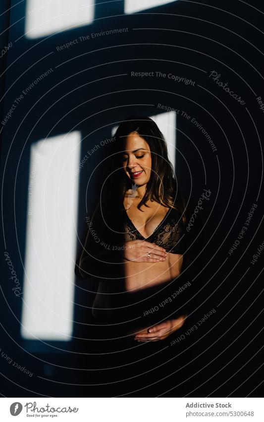 Sinnliche schwangere Frau in Unterwäsche im Sonnenlicht Bauch anfassen Fenster Schatten Studioaufnahme Mutterschaft unverhüllt jung pränatal ungeboren Babybauch