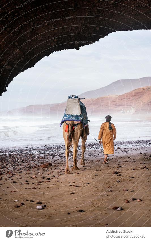Unbekannte Frau geht mit Kamel am Strand spazieren Camel Spaziergang Sand MEER Küste Sommer winken Ufer Wasser Natur reisen Urlaub Mauretanien Sahara Kleid Meer