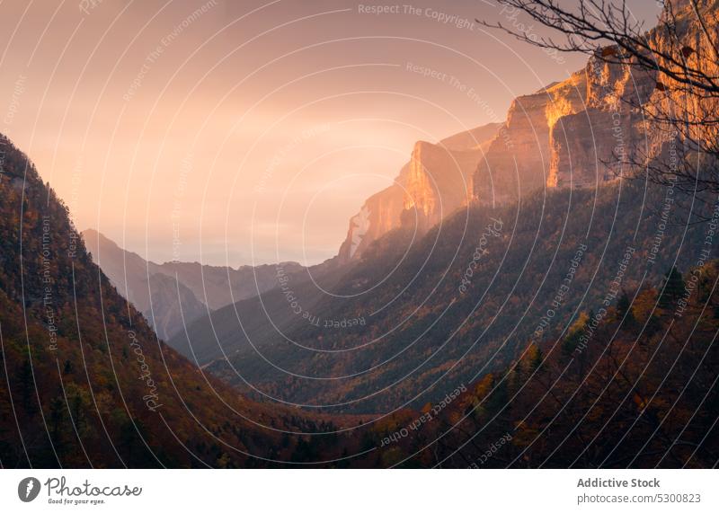 Malerische Aussicht auf felsige Berge im Herbst Berge u. Gebirge Wald Baum Wälder Sonnenlicht Natur farbenfroh Landschaft Odese pyrenäen von huesca Spanien Park