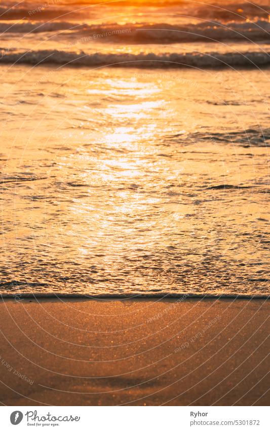 Sonnenuntergang Sonnenlicht über dem Meer. Meer Ozean Wasser warme Farben. Ripple Meer Meerwasser Schaum Waschen Sandstrand bei Sonnenuntergang. Meer Ozean Wasseroberfläche mit kleinen Wellen bei Sonnenuntergang. Amazing Landschaft Landschaft. Kopieren Raum. Natur Hintergrund. Vertikale Foto