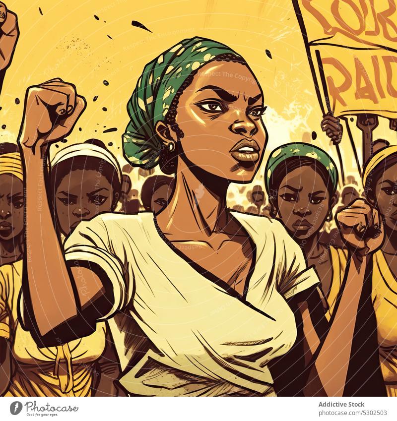 Schwarze Frauen im Streik mit Plakat Aktivist Feminismus angriffslustig protestieren Arme hochgezogen Feministin Schrei die Faust ballen schreien Treffer